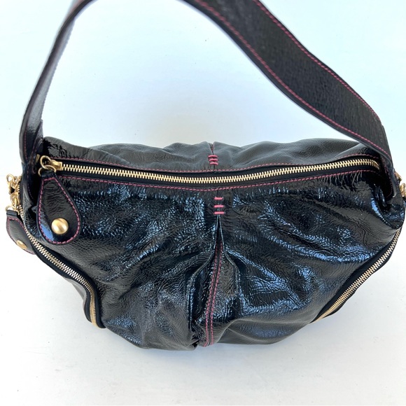 ISABELLA FIORE Black Patent Leather w Pink Stitches Side Pockets Domed Boho Tote - Picture 10 of 15